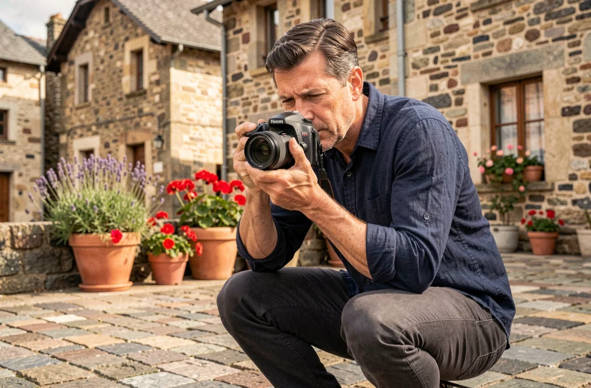 Photographe professionnel en action sur une place pavée d'Issoire en Auvergne, appareil photo à la main