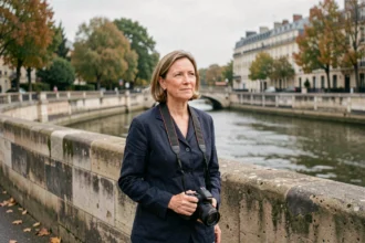 Photographe professionnelle avec un appareil photo reflex marchant au bord de la Seine à Choisy-le-Roi