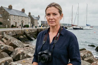 Photographe professionnelle sur le bord de mer à Granville avec appareil photo reflex, maisons normandes en arrière-plan
