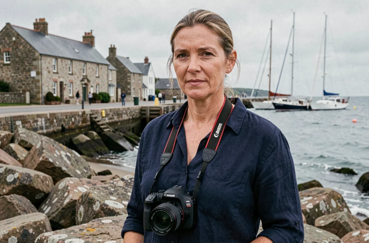 Photographe professionnelle sur le bord de mer à Granville avec appareil photo reflex, maisons normandes en arrière-plan