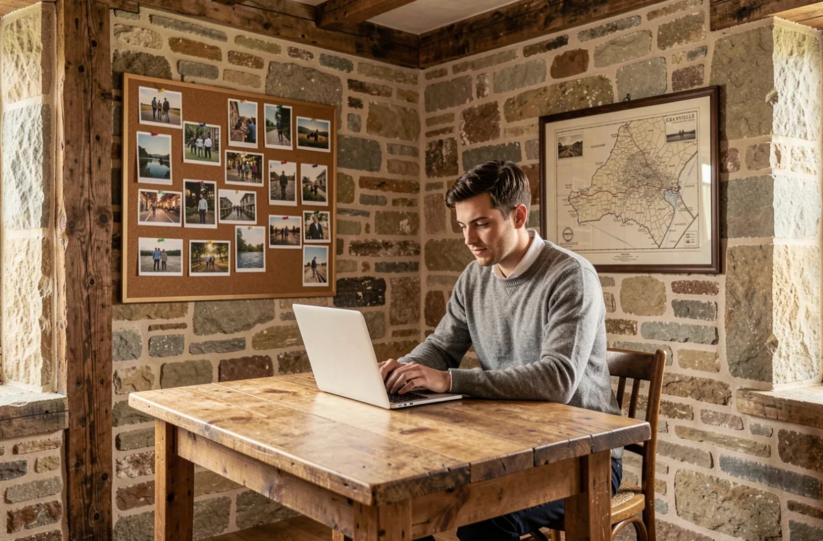 Photographe consultant son portfolio dans un studio rustique normand à Granville