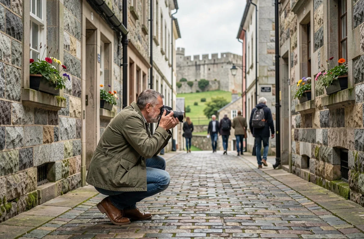 Photographe en action dans les ruelles pavées de la vieille ville de Granville avec ses remparts