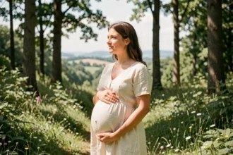Femme enceinte en robe crème dans une clairière forestière alsacienne, symbolisant la photographie de grossesse dans le Grand Est