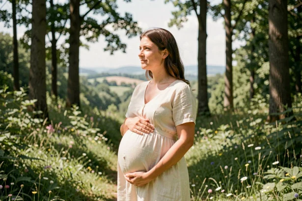 Femme enceinte en robe crème dans une clairière forestière alsacienne, symbolisant la photographie de grossesse dans le Grand Est