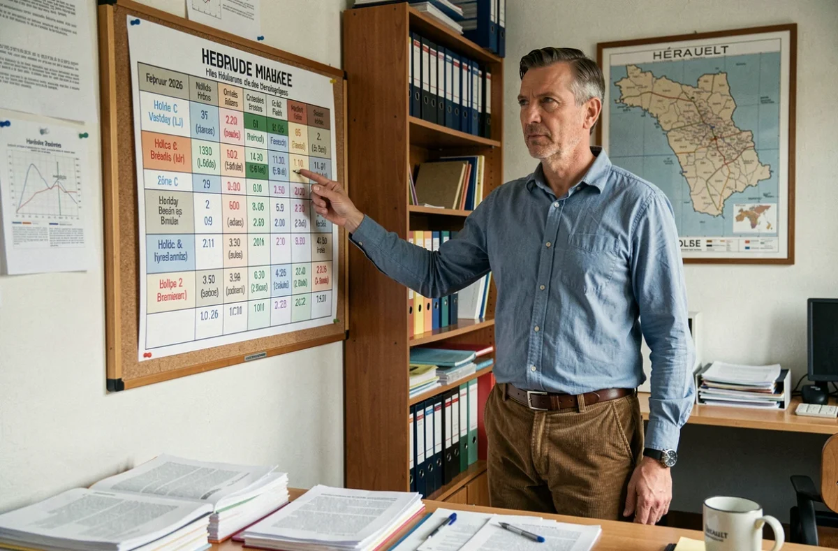 Enseignant indiquant les dates de vacances scolaires 2026 de la zone C sur un planning mural dans une école de Montpellier
