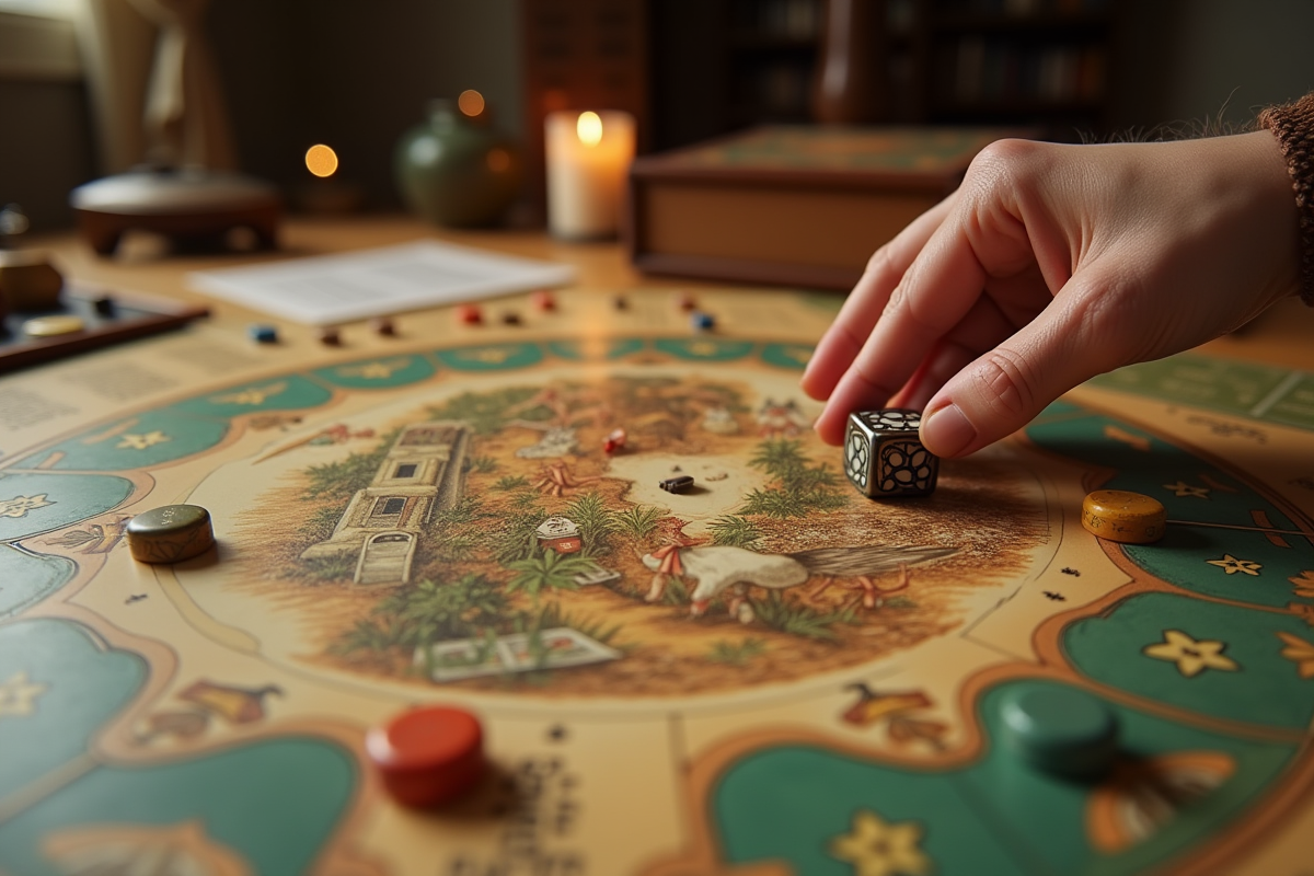 Zoom sur le plateau de jeu de l oie illustré avec pièces et dés