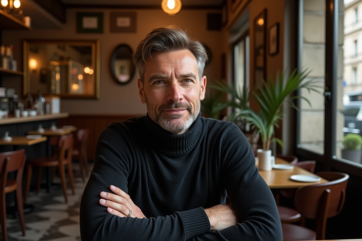 Portrait d'un homme élégant dans un café parisien, évoquant le profil et le parcours du mari de Julie Fuchs