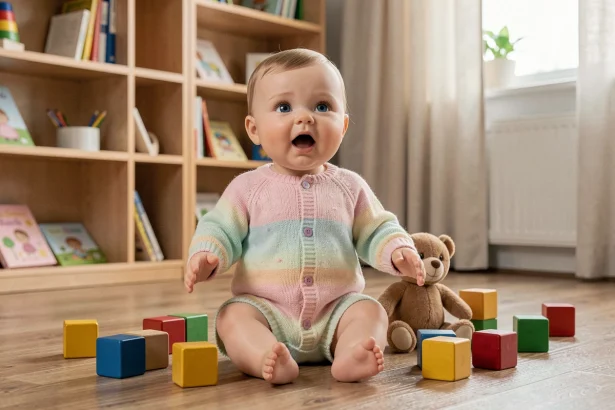 Poupon réaliste en tenue tricotée pastel posé sur un parquet en bois entouré de cubes colorés dans une chambre d'enfant cosy