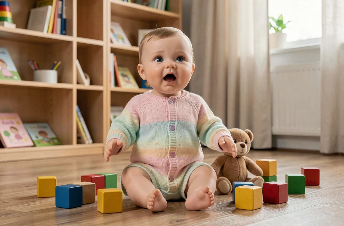 Poupon réaliste en tenue tricotée pastel posé sur un parquet en bois entouré de cubes colorés dans une chambre d'enfant cosy