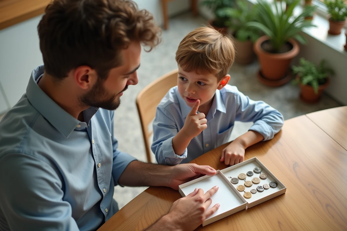 Père et fils examinant des médailles de baptême à table