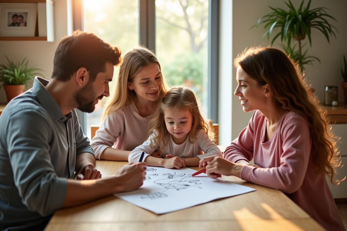 Professionnel aidant des parents à discuter d'un dessin d'enfant
