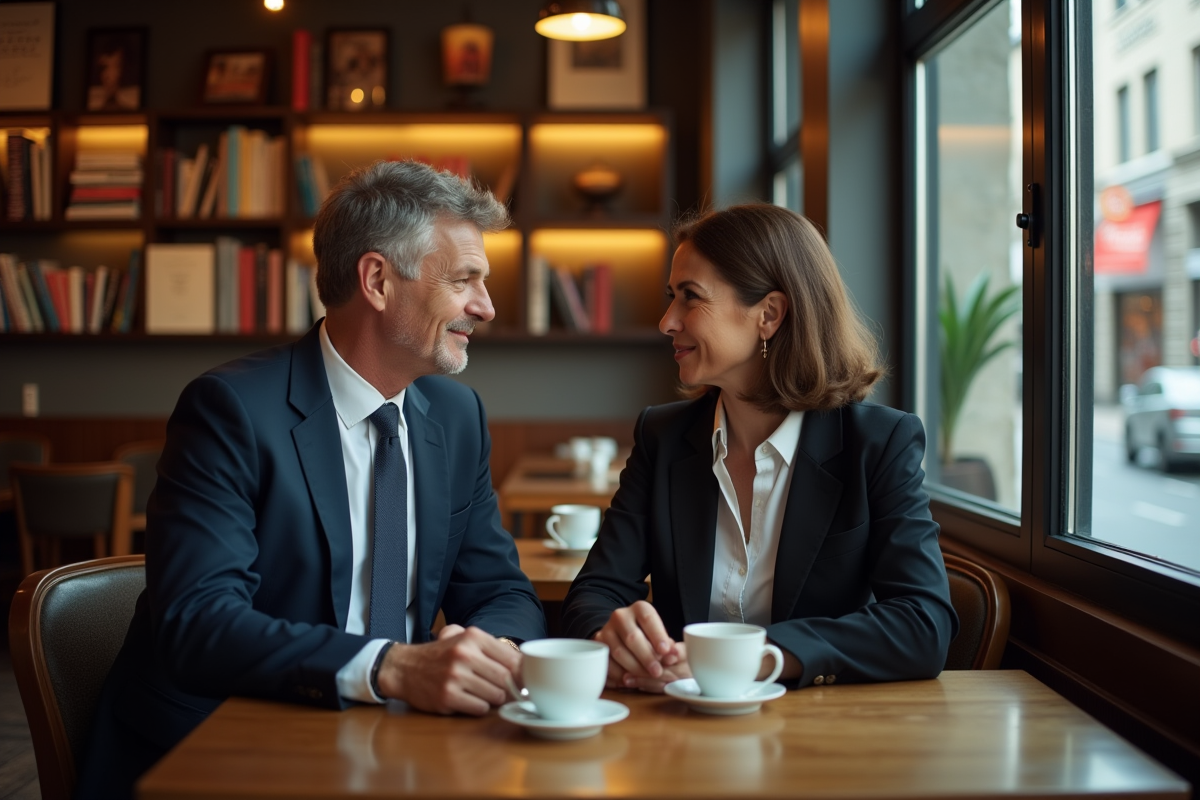 Deux professionnels discutant dans un café cosy et élégant