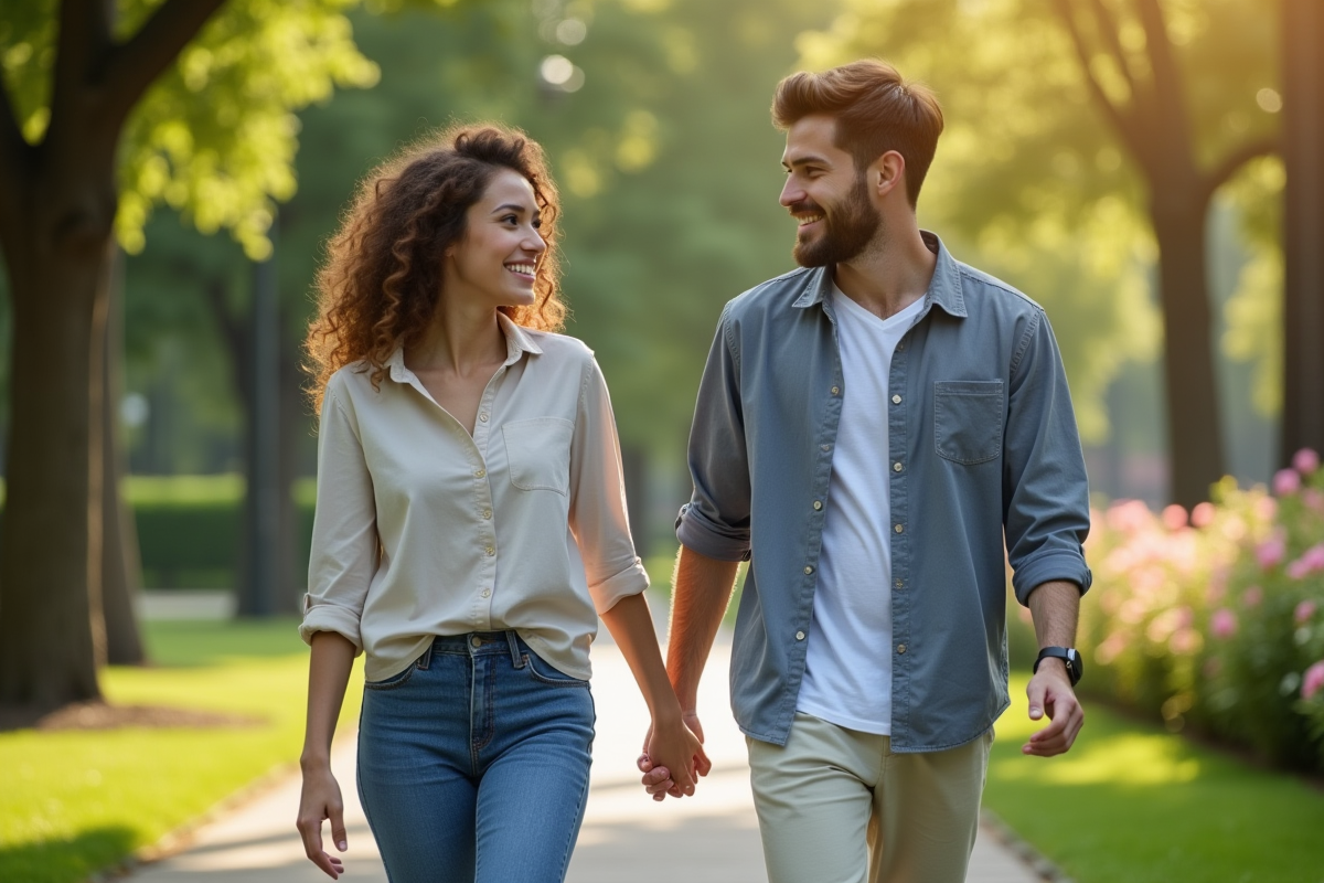 Femme et homme se tenant la main dans un parc ensoleille