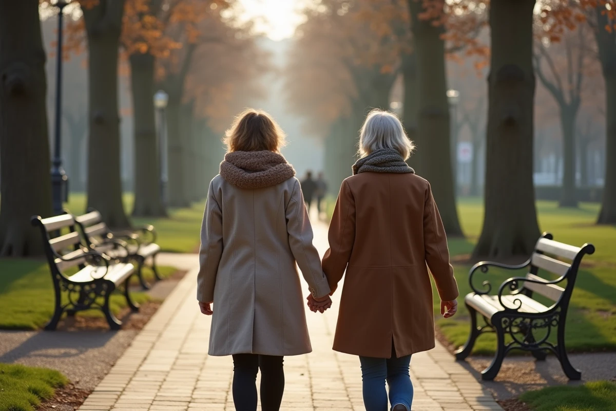 Couple se promenant dans un parc urbain en automne