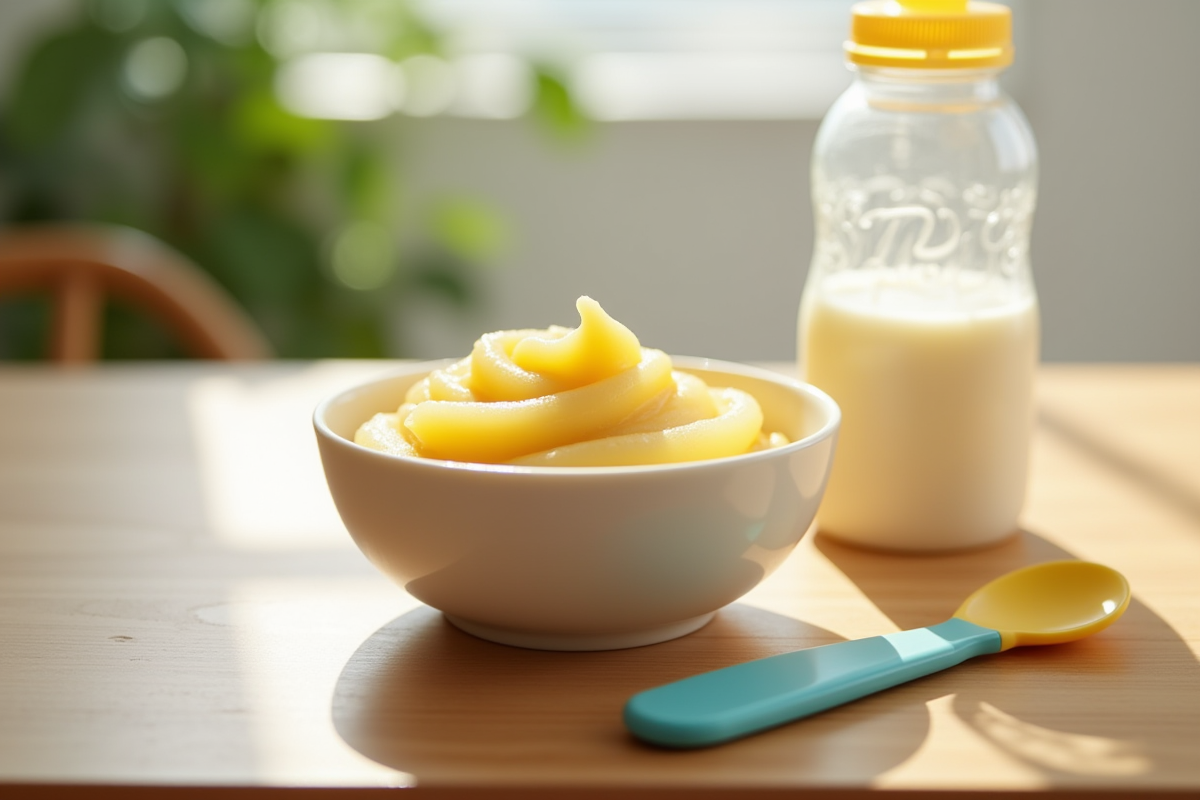 Bol de purée de bébé avec cuillère colorée et biberon de lait
