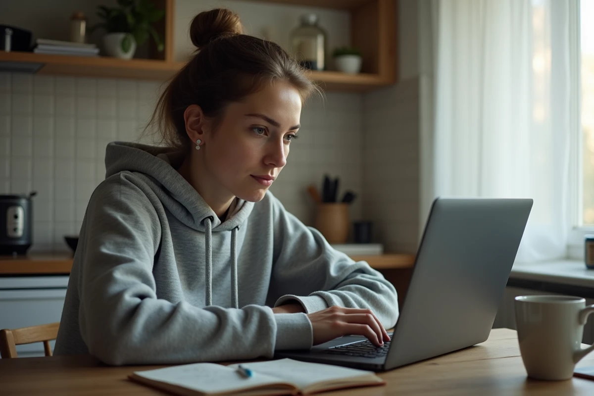 Une jeune femme recherchant une assistante sociale en ligne depuis son domicile sur un ordinateur portable