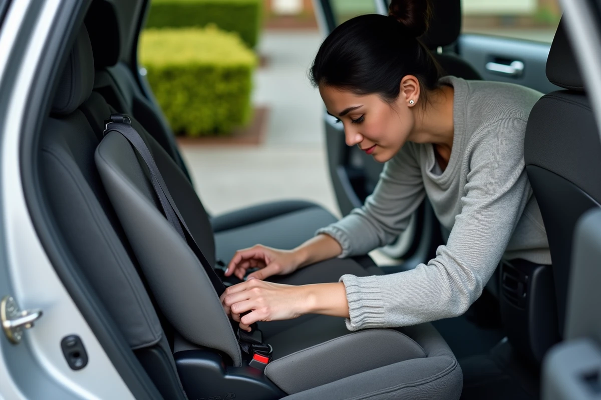 Mère ajustant la ceinture de sécurité sur un réhausseur auto pour enfant avant un trajet