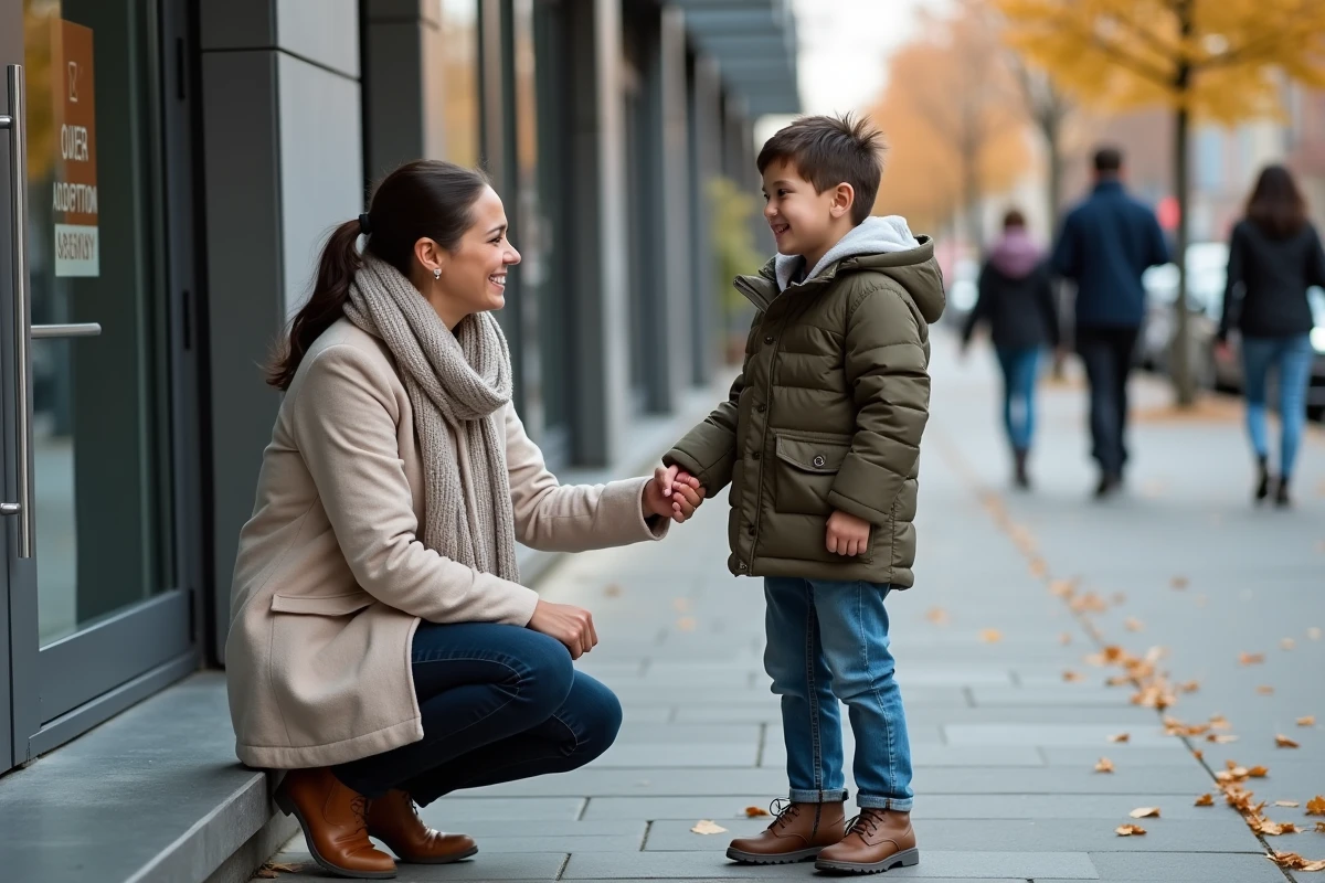 Femme et enfant devant une agence d