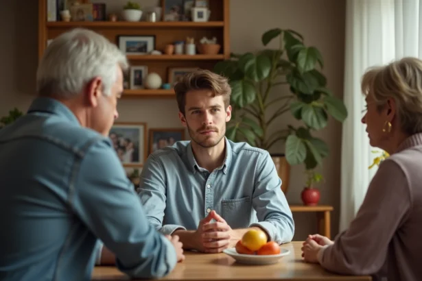Jeune homme et ses parents lors d'un repas familial chaleureux