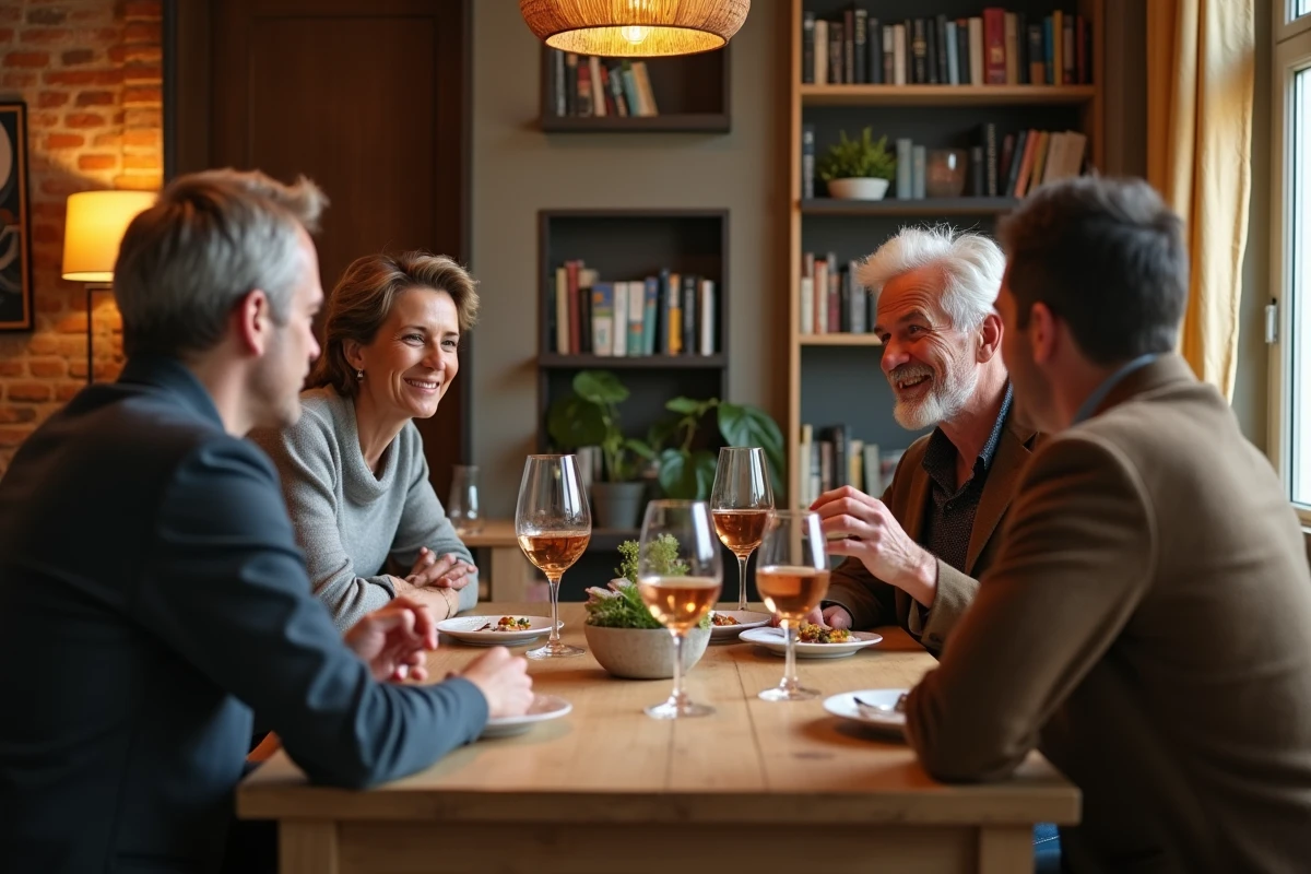 Groupe d'amis réunis autour d'une table dans un appartement parisien moderne ambiance conviviale