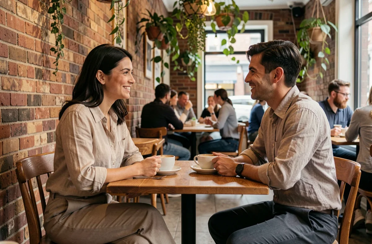 Couple partageant un moment de complicité dans un café urbain, symbolisant l'équilibre entre vie amoureuse et vie professionnelle