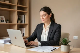 Femme professionnelle en blazer sombre travaillant dans un bureau à domicile moderne, illustrant l'équilibre entre carrière et vie personnelle