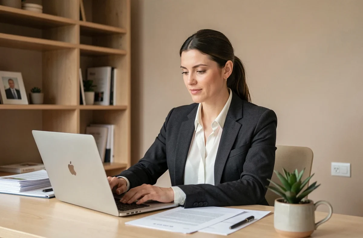Femme professionnelle en blazer sombre travaillant dans un bureau à domicile moderne, illustrant l'équilibre entre carrière et vie personnelle