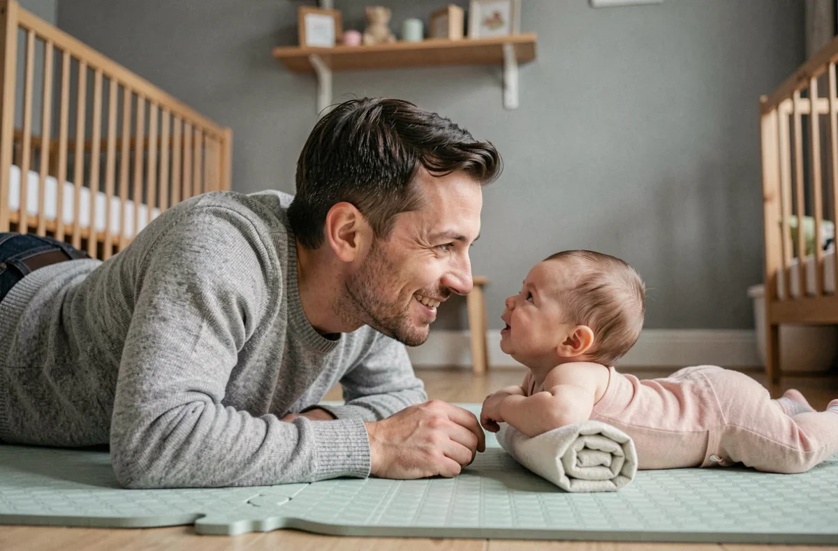 Père et bébé de trois mois face à face sur un tapis de jeu lors d'une séance photo bébé à Paris