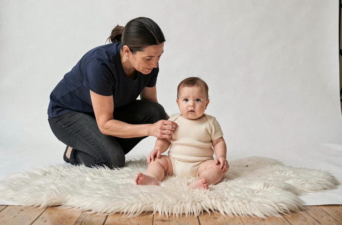 Séance photo bébé à Paris : photographe professionnelle en action avec un nourrisson de six mois en studio