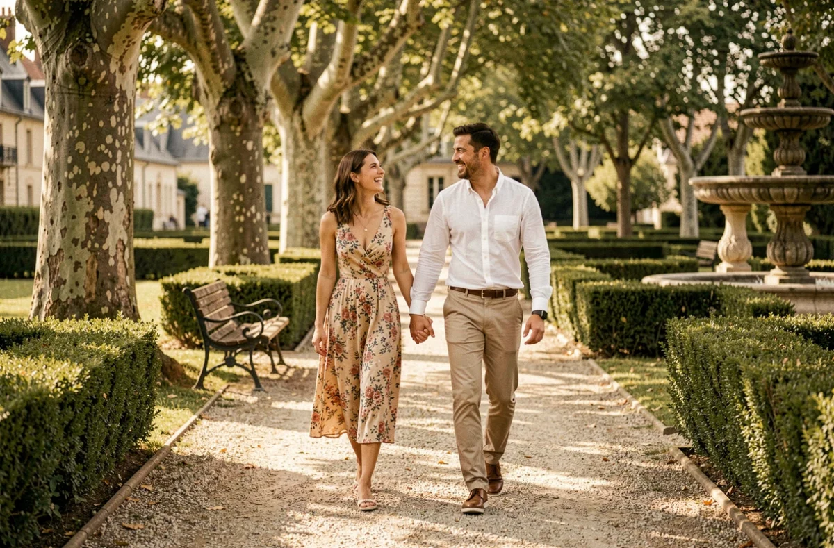 Couple en séance photo dans un parc historique à Issoire, rires naturels et ambiance romantique