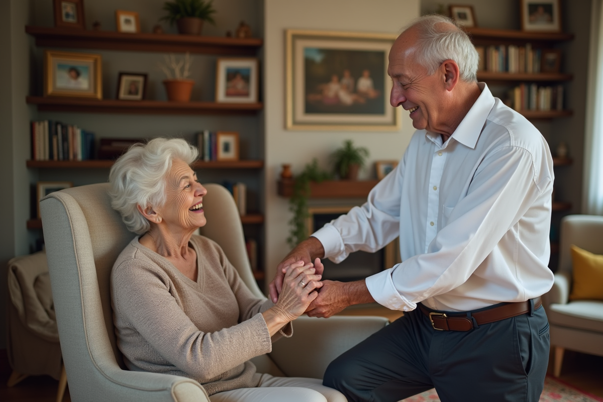 Aide d un senior à une femme dans un salon chaleureux