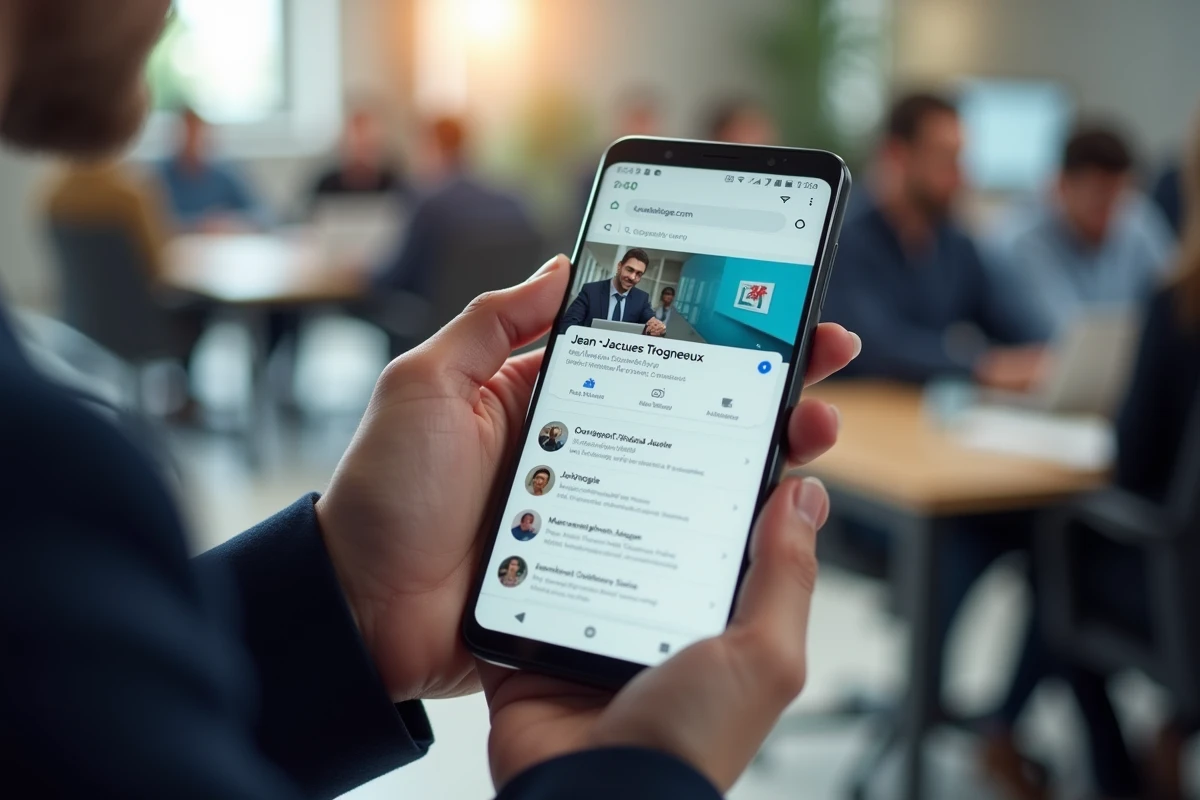 Mains tenant un smartphone affichant une recherche Google sur Jean Jacques Trogneux dans un bureau professionnel