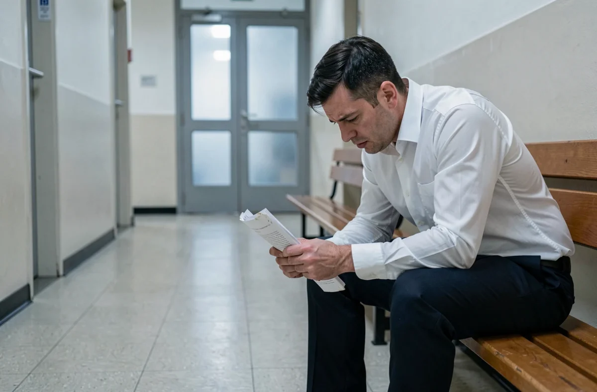 Homme stressé dans un couloir de palais de justice tenant des documents froissés avant son audience familiale