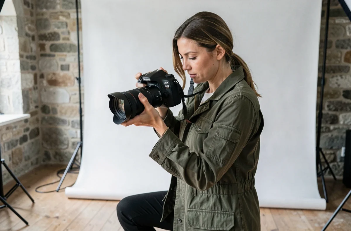 Photographe professionnelle dans son studio à Issoire, en train de vérifier les clichés sur son appareil photo