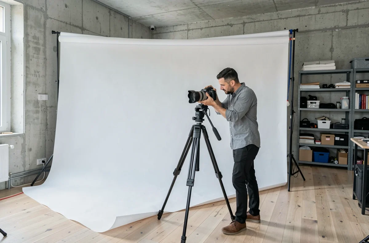 Photographe masculin préparant son studio photo professionnel à Choisy-le-Roi