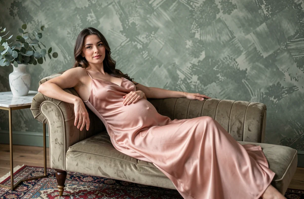 Studio de maternité haut de gamme à Strasbourg, femme enceinte sur chaise longue velours pour Styl'List Images