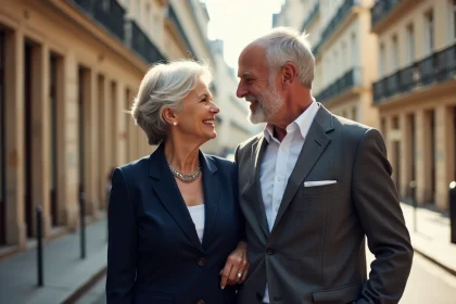 Couple élégant d'âge mûr souriant dans une rue parisienne typique, évoquant la vie privée et conjugale de Sylvie Adigard
