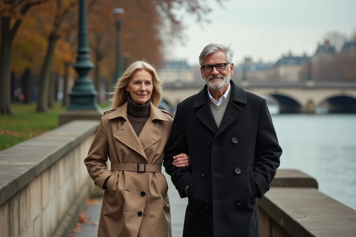 Couple parisien élégant se promenant au bord de la Seine en automne, illustrant la vie intime et discrète du mari de Sylvie Adigard
