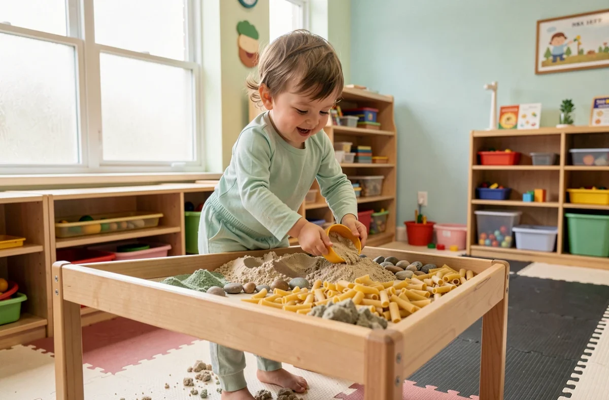 Enfant de 18 mois debout devant une table sensorielle en crèche, activité manuelle d'éveil tactile et visuel