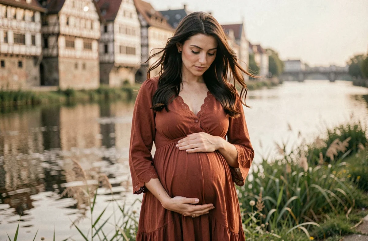 Photographe maternité Valeria Furlan à Strasbourg, femme enceinte en robe terracotta au bord du Rhin