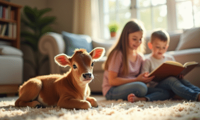 Jeune veau allongé sur un tapis avec enfants lisant un livre