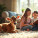Jeune veau allongé sur un tapis avec enfants lisant un livre