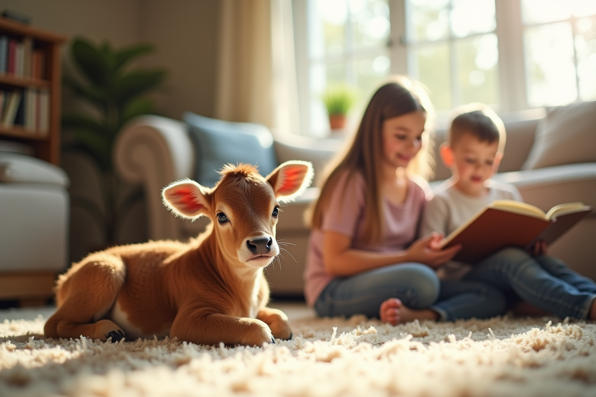 Jeune veau allongé sur un tapis avec enfants lisant un livre