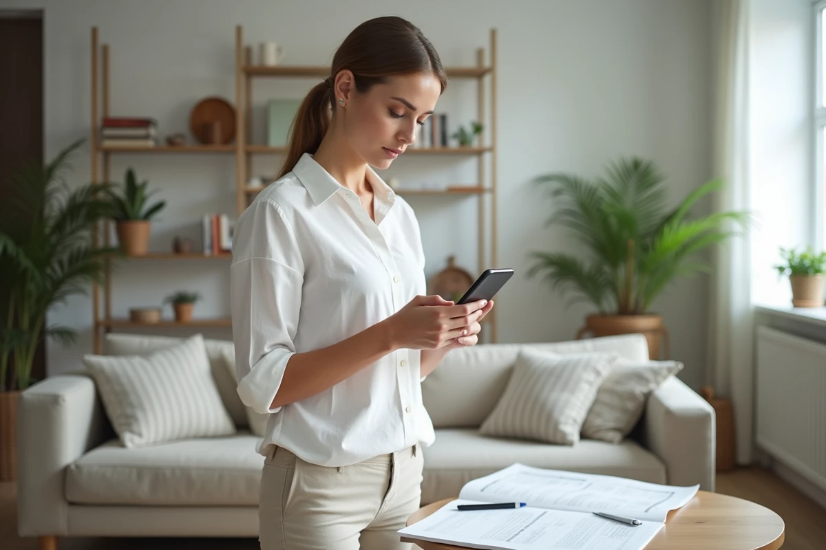 Jeune femme vérifiant les informations Pajemploi sur son téléphone tout en remplissant un formulaire administratif papier dans son salon