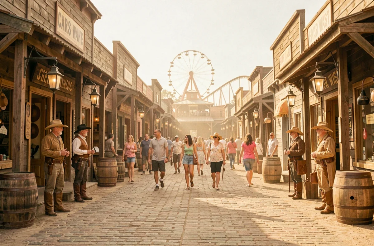 Zone thématique Far West de PortAventura avec décors western authentiques et visiteurs en promenade